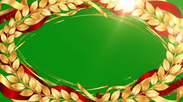 Golden laurel wreath award frame with red ribbon on green screen background