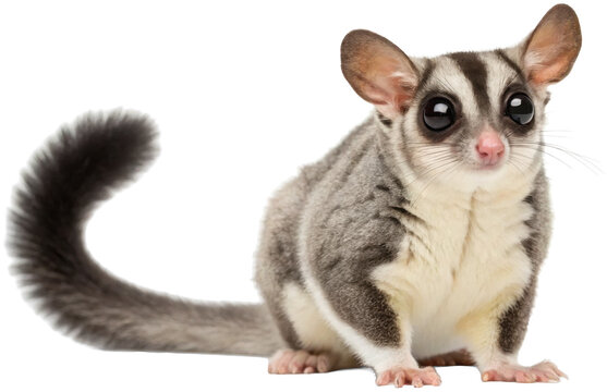Adorable fluffy common brushtail possum with soft grey and white fur, delicately posed in a crouching position with large, expressive eyes, illuminated by soft, isolated on transparent background.