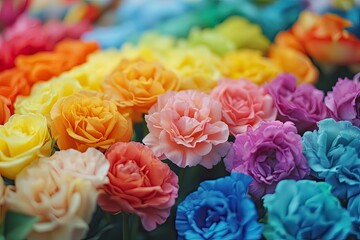 Bright optimistic composition of colorful carnations, romantic floral background.. Copy cpace. Concept of greetings for women or loved ones on Valentine's Day, Women's Day, Mother's Day.