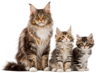 Magnificent, fluffy Maine Coon mother cat with long, flowing fur and pointed ears attentively gazes forward while seated alongside her two adorable, striped, isolated on transparent background.