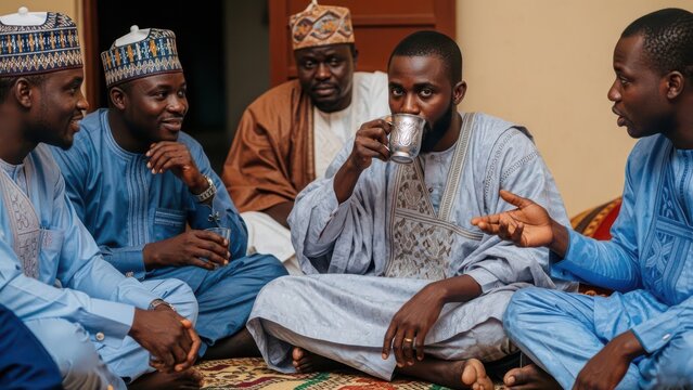 African men in traditional attire sharing a drink and conversation