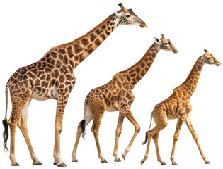 Fototapeta premium Three majestic African giraffes with distinctive brown and beige patterned coats and long, slender legs are depicted walking in a natural pose, bathed in soft,, isolated on transparent background.