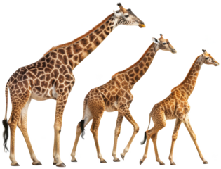Three majestic African giraffes with distinctive brown and beige patterned coats and long, slender legs are depicted walking in a natural pose, bathed in soft,, isolated on transparent background.