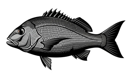 Obraz premium Black Fish Illustration in Monochrome Style with Detailed Texture for Seafood Menu