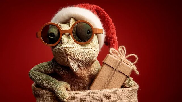 Funny lizard in Santa hat holding gift in sack on red background. Christmas holiday concept.