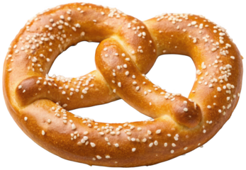 Golden-brown, freshly baked soft pretzel with a generously sprinkled coarse salt topping, presented in a classic twisted knot shape, illuminated by soft studio, isolated on transparent background.
