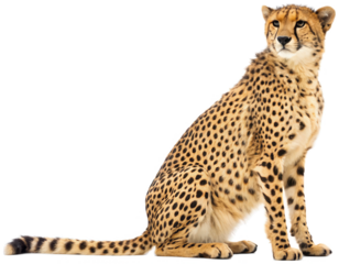 A majestic, youthful cheetah with a spotted coat and alert expression, digitally captured in a realistic style, is depicted sitting gracefully with its tail, isolated on transparent background.