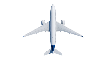Commercial airplane seen from above on transparent background