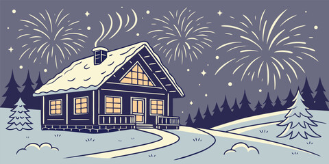 Snowy Chalet with Fireworks on New Year's Eve