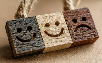 Wooden label with happy normal and sad face icons for experience survey services and products review concept. Customer or Client show Good Neutral or Negative feedback and satisfaction rating.
