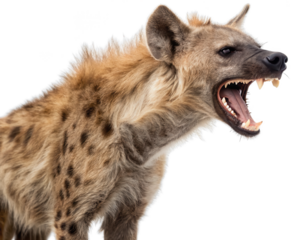 Fierce and powerfully built spotted hyena with coarse, mottled fur and a determined expression, is captured in a dynamic pose with its mouth wide open revealing, isolated on transparent background.