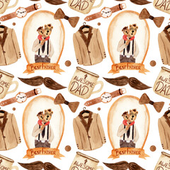 Watercolor pattern for dad, a mug with an inscription, various accesories, father bear with son on a white background. Seamless pattern in shades of brown and office style, father's day, birthday etc.