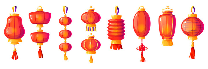 Asian lantern, Chinese paper lantern of different shapes. A traditional element of the Chinese New Year. Round, double, oval, glowing. Chinese New Year decor.