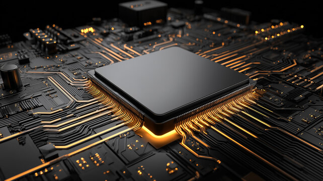 A central microprocessor mounted on a circuit board symbolizing computing power advanced processing and modern digital infrastructure.
