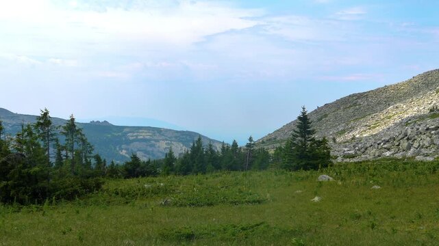 A picturesque view of the Southern Urals mountain range in Russia during the summer. The landscape features lush green meadows, coniferous trees, and rocky slopes under a bright blue sky with light cl