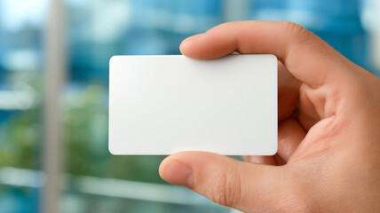 Hand holding a blank business card in close view representing personal branding professional contact and corporate communication.
