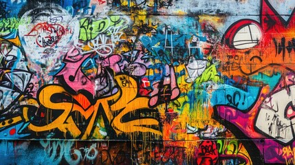 Fototapeta premium Colorful Urban Graffiti Wall with Abstract Street Art and Tags