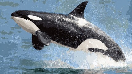 Obraz premium Orca whale breaches dramatically from the ocean surface in a splash.