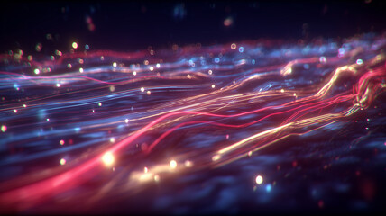Obraz premium Abstract flowing light waves representing digital energy transmission and dynamic data movement. 