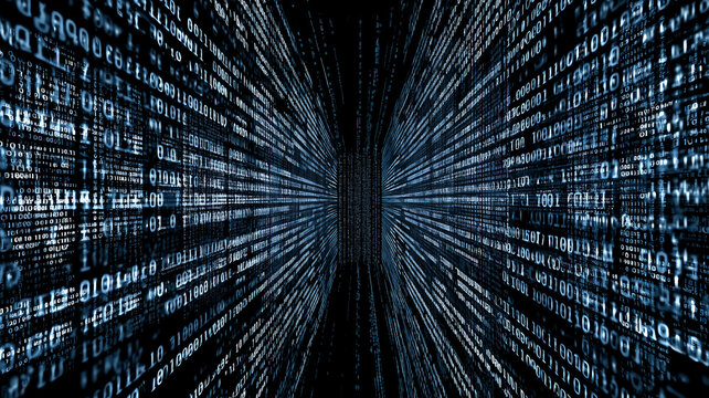 A corridor of flowing binary code illustrating data streams, information processing and digital communication systems.
