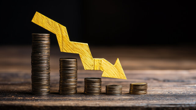 A descending arrow positioned over stacks of coins illustrating financial loss, economic decline and decreasing investment value.
