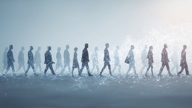 A group of people walking forward merging with digital connections illustrating workforce evolution and human technology integration.
