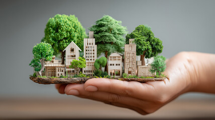A miniature eco friendly city resting on a human hand representing sustainable urban development, green architecture and environmental responsibility.

