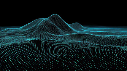A flowing digital terrain formed by data points illustrating abstract information landscapes, continuous processing and complex data structures.
