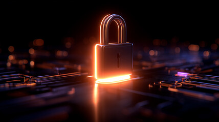 A glowing padlock emerging from a circuit board illustrating digital security, data protection and cybersecurity infrastructure.

