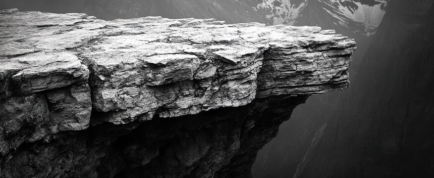 Black and white image of a rocky cliff edge overlooking mountain peaks