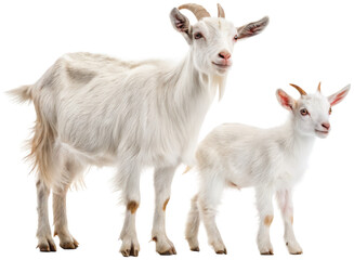 Two charming, fluffy white goats with curved horns and expressive brown eyes, depicted in a realistic style, stand side-by-side in a gentle pose, bathed in soft,, isolated on transparent background.