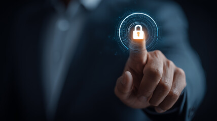 A hand pressing a digital padlock interface illustrating secure access authentication and modern data protection systems.
