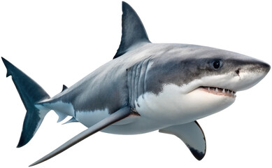 Powerful and realistically rendered great white shark with a sleek, grey and white coloration, dynamically swimming towards the viewer with its mouth slightly, isolated on transparent background.