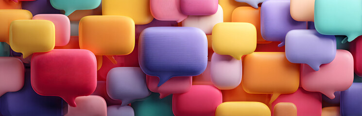 Colorful speech bubbles create vibrant visual representation of trending topics, hashtags. Digital graphic shows engaging online communication ideas for social media. Abstract design suggests social