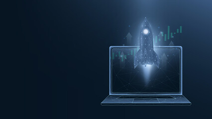 A futuristic laptop displaying a rocket launch, symbolizing innovation and digital advancement in technology.