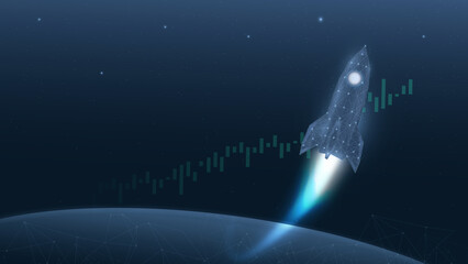 A futuristic rocket soaring into space with digital data elements, symbolizing innovation and exploration in technology.