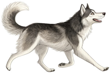 Majestic, digitally painted Siberian Husky with a thick, layered coat of gray and white fur, is dynamically striding forward with an open mouth and alert, isolated on transparent background.