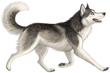 Majestic, digitally painted Siberian Husky with a thick, layered coat of gray and white fur, is dynamically striding forward with an open mouth and alert, isolated on transparent background.
