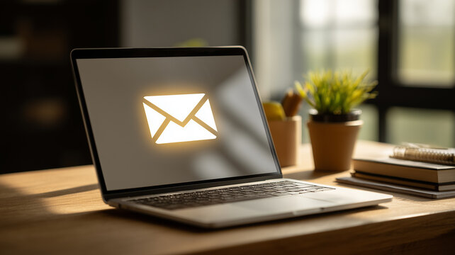 Laptop on a wooden desk displaying an email envelope icon on screen representing digital communication workflow and modern business messaging.
 - Powered by Adobe