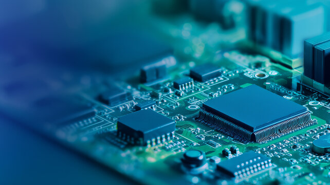 Electronic circuit board with integrated microprocessors representing digital hardware infrastructure and computing systems technology.
 - Powered by Adobe