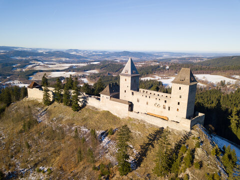 Aerial view of gothic castle Kasperk in Bohemia. Czech republic, European union.