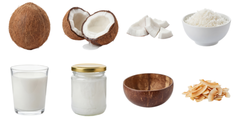 set of a coconut in different forms, whole, cracked and processed as milk and oil isolated on a transparent background