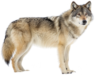 Majestic, powerfully built gray wolf with thick, textured fur and piercing amber eyes stands in a confident, alert pose, digitally composited against a chaotic,, isolated on transparent background.