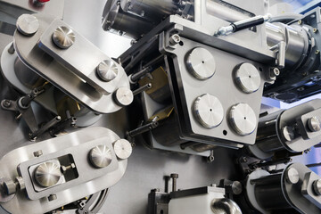 Conveyor Belt Food.Factory for the production of food. Production line with packaging. Food products  in plastic packaging on the conveyor. food production concept