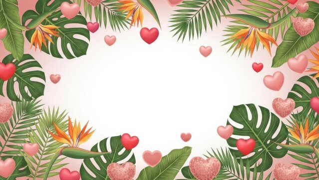 Tropical frame border with green monstera leaves pink hearts and bird of paradise flowers