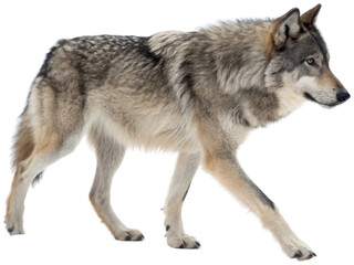 Fototapeta premium Majestic gray wolf with thick, textured fur and piercing amber eyes is depicted in a dynamic walking pose, showcasing its powerful musculature and wild nature, isolated on transparent background.