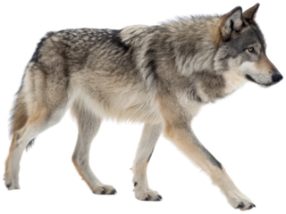 Majestic gray wolf with thick, textured fur and piercing amber eyes is depicted in a dynamic walking pose, showcasing its powerful musculature and wild nature, isolated on transparent background.