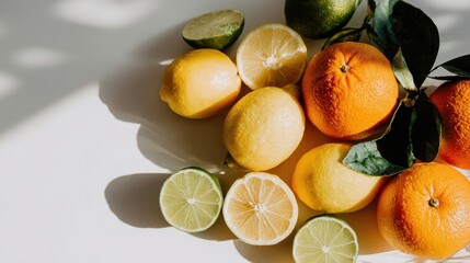 Fresh citrus fruits with leaves and shadows are arranged on a white surface.