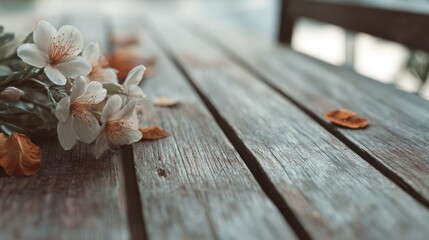 Delicate white flowers and fallen petals on a rustic wooden table in soft natural light