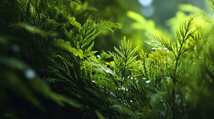 Lush green foliage with sunlight filtering through dense forest plants and leaves